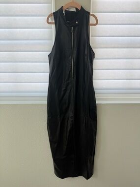 Amanda Uprichard Black Sleeveless Faux Leather Midi Dress with Front Zip